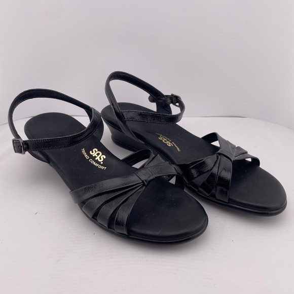 SAS Black Patent Leather Sandals Comfort‎ Ankle Strap Heels Size 9M - Picture 1 of 7